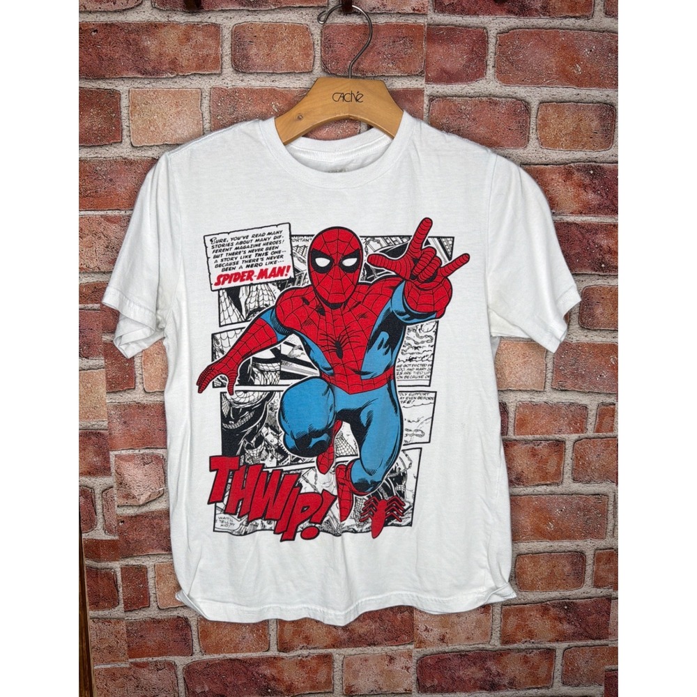 Marvel Spider-Man Graphic T-Shirt Boys Large 10/12 White Comic Book THWIP Tee